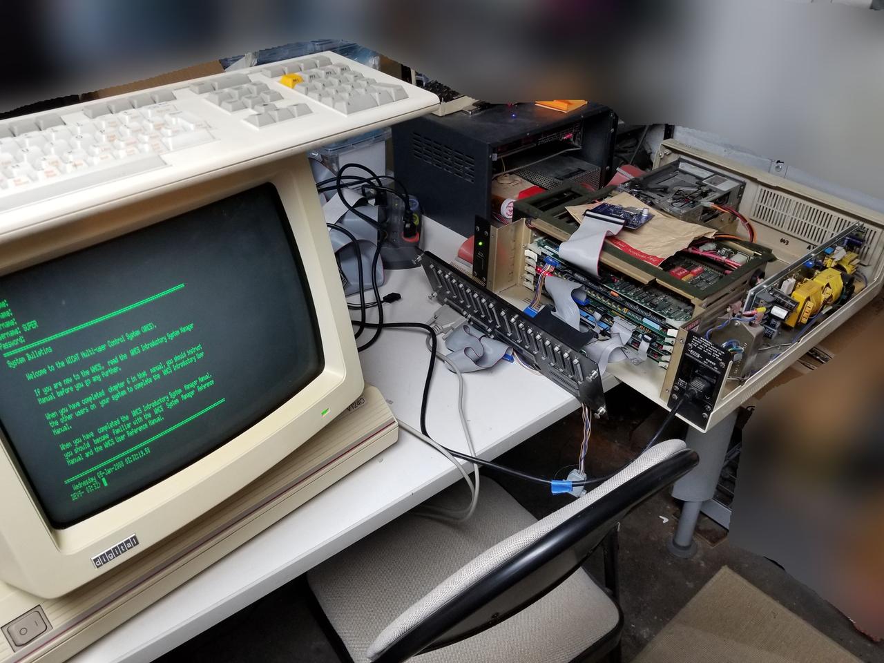 A picture of the ZuluSCSI (v1.1) running inside our WICAT S2150, connected to a DEC VT240 with colour VR241 monitor.